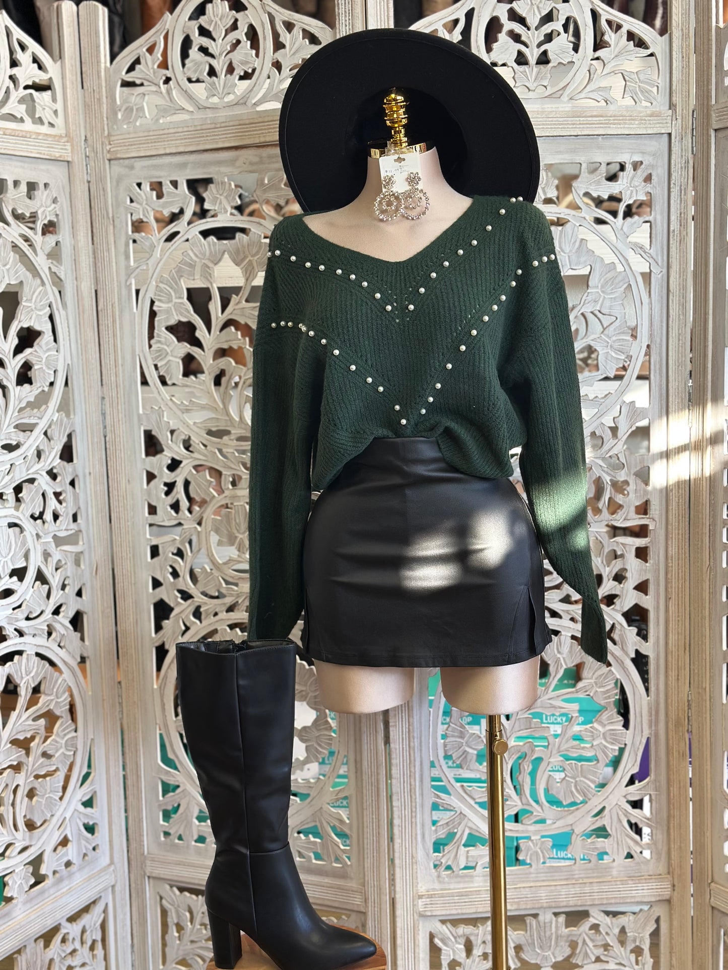 Dark Green Pearl Knit Sweater