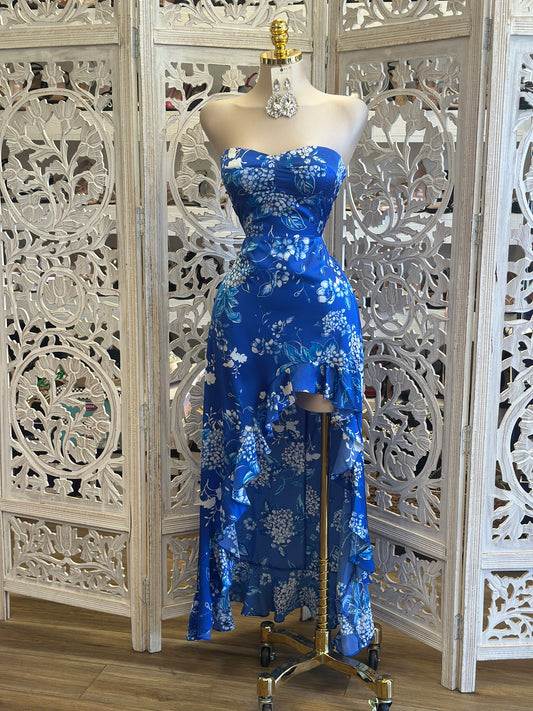 Ocean Blue Floral Ruffle Dress-No Estira, Not Stretchy