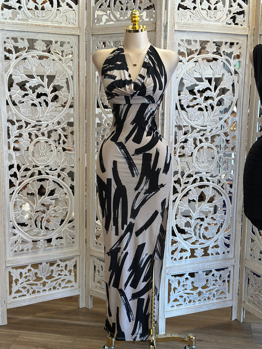 Cowl Open Back Beige Pattern Dress- Stretchy , Estira