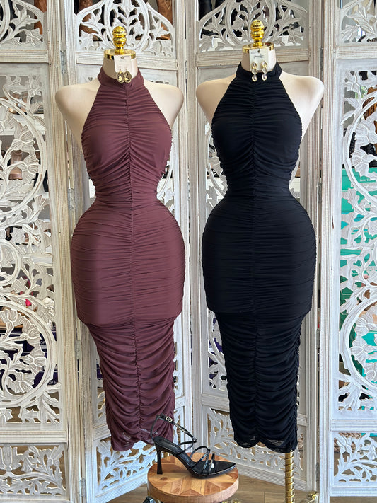 Ruched Open Back High Neck Dress- Stretchy, Estira