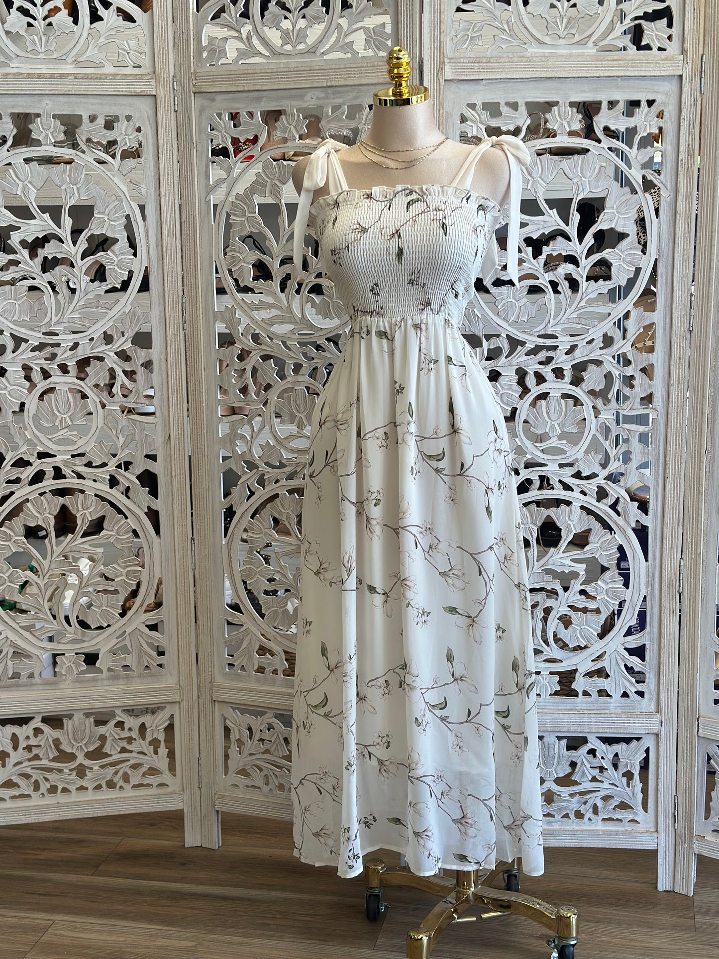 Smocked Ivory Floral Maxi Dress-Estira, Stretchy