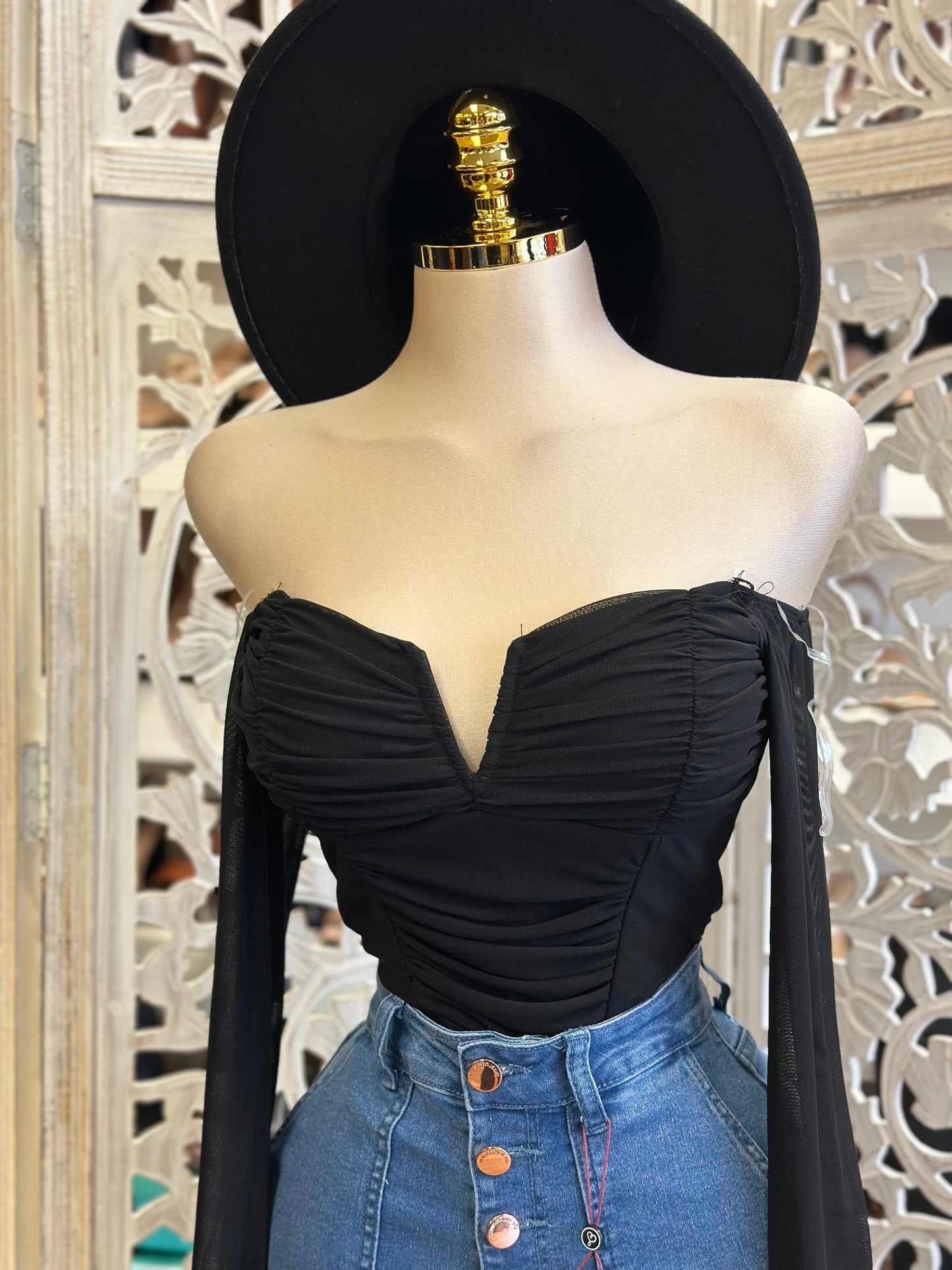 Black V Ruched Off Shoulder Top- Estira, Stretchy