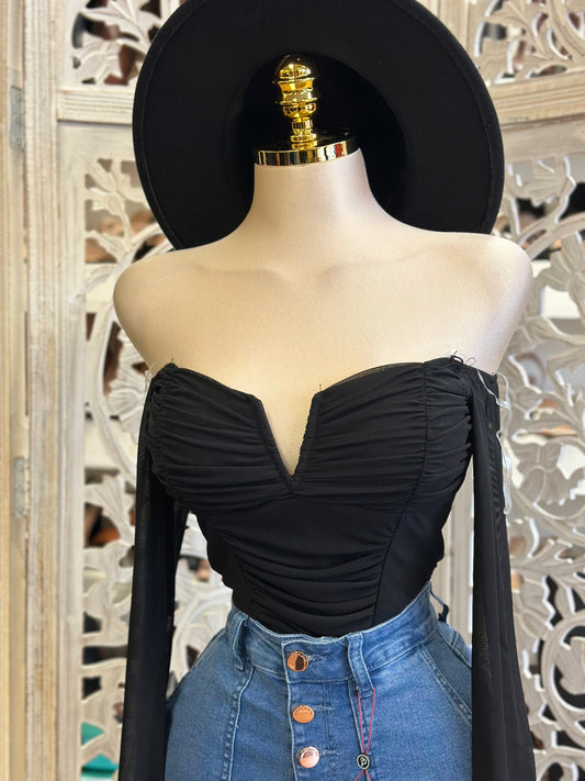Black V Ruched Off Shoulder Top- Estira, Stretchy