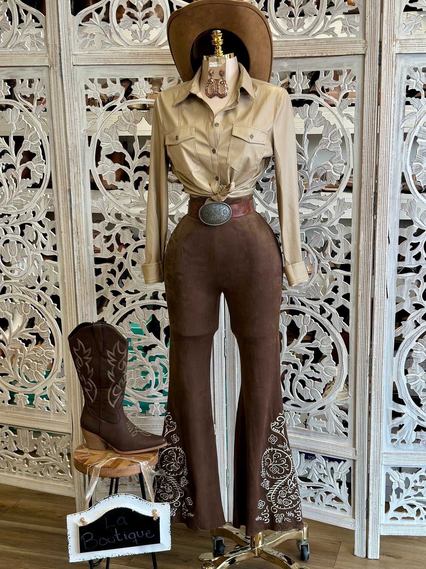 Suede Embroidered Flare Pants-Stretchy