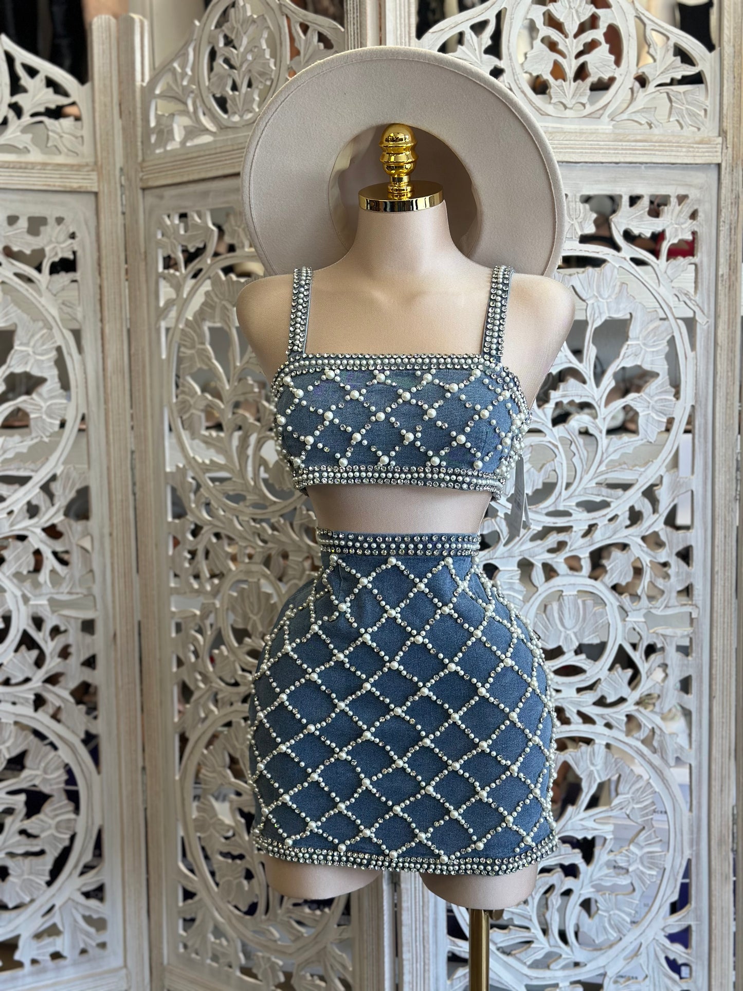 Netted Pearl Denim Set- Stretchy, Estira