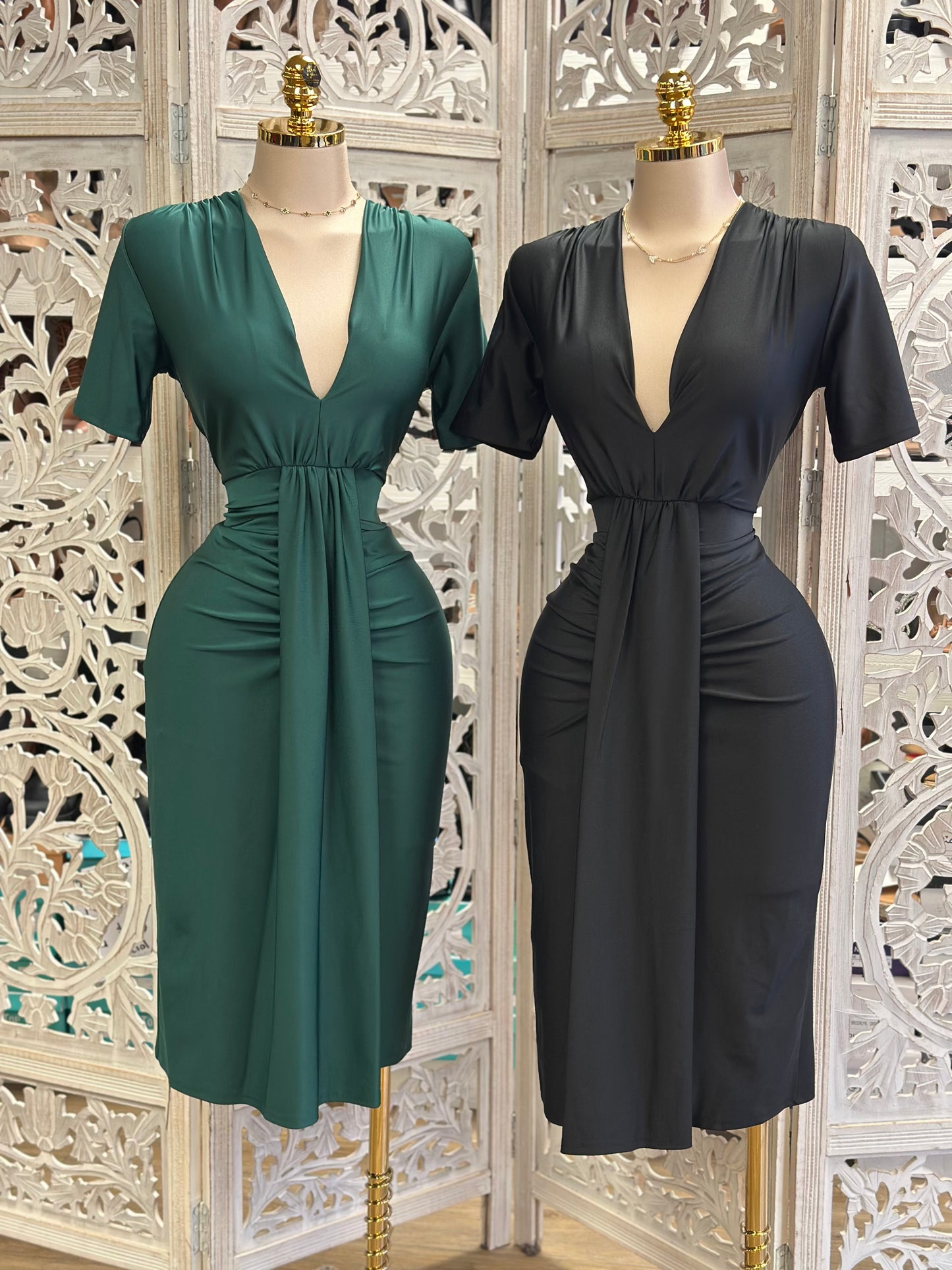 Deep V Midi Dress- Stretchy ,Estira