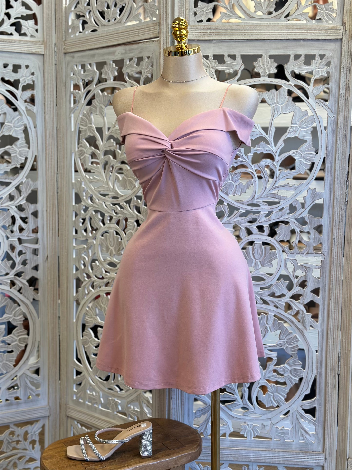 Off Shoulder Fit and Flare Mauve Dress- Stretchy, Estira