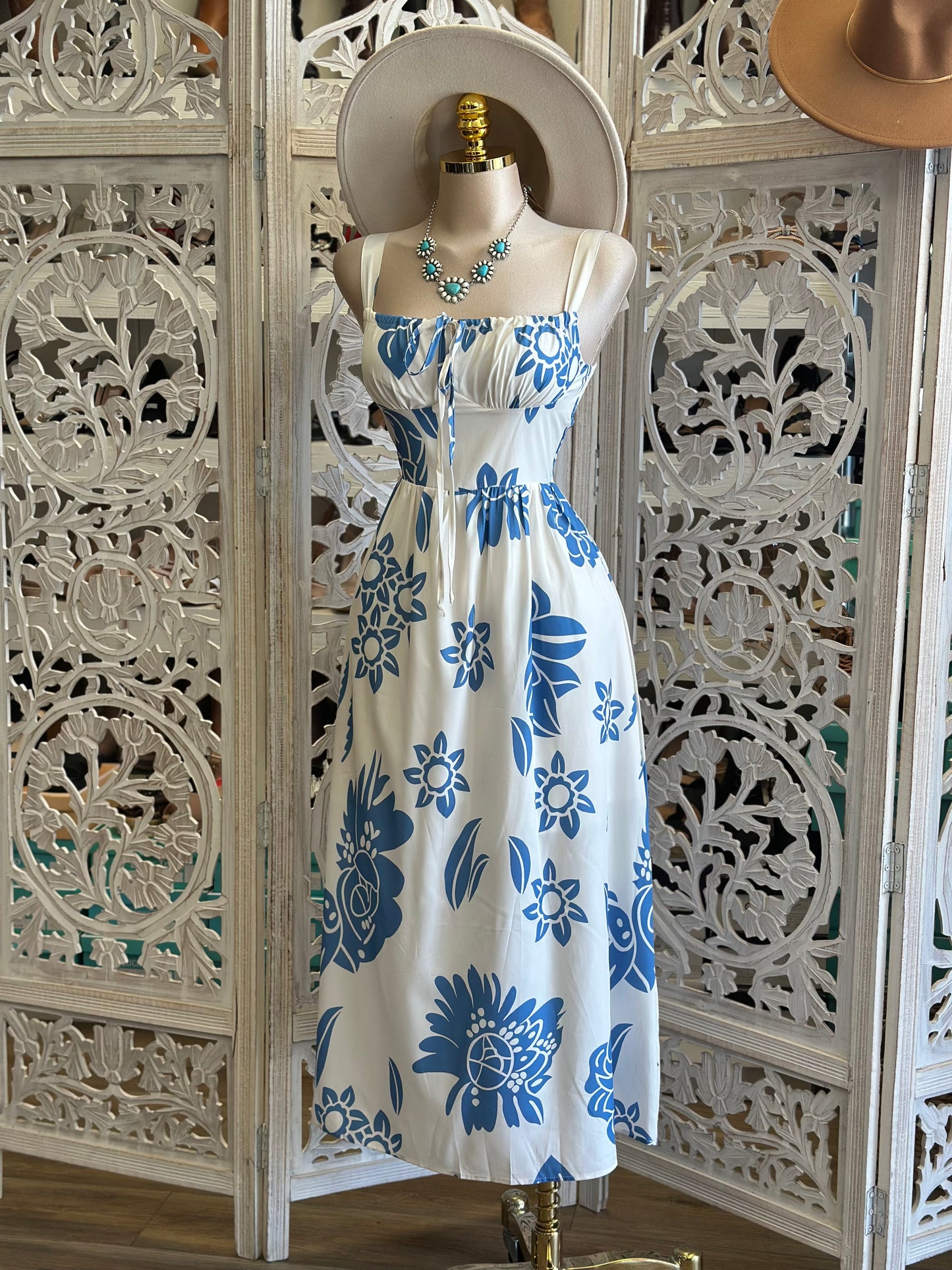 Milkmaid Blue Floral Midi Dress-Estira, Stretchy
