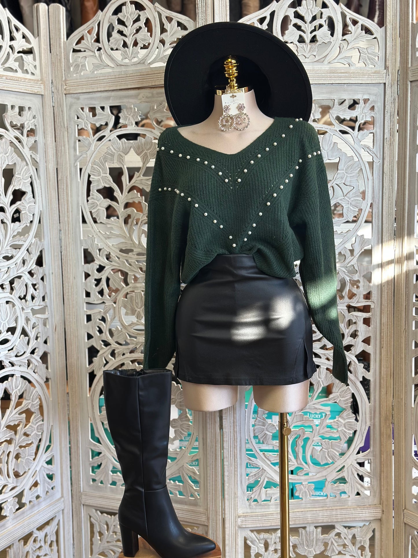 Dark Green Pearl Knit Sweater