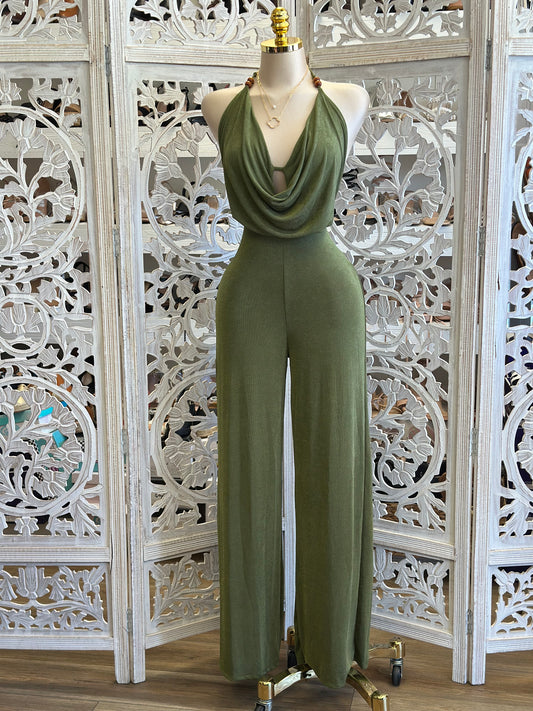 Beaded Olive Green Jumpsuit - Stretchy,Estira