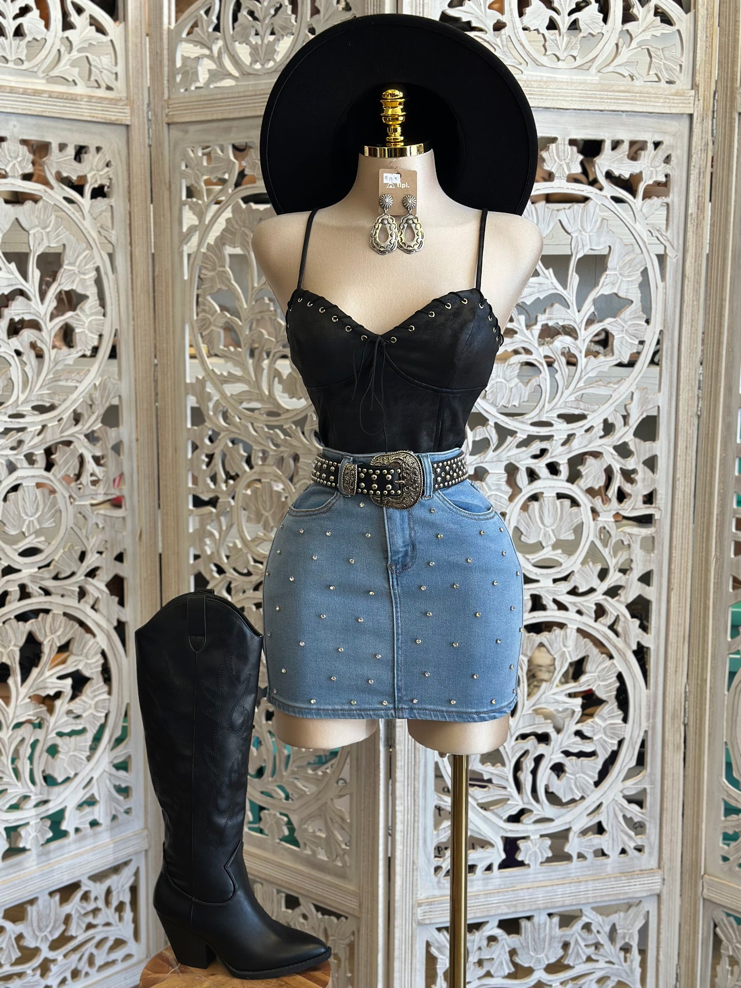 Denim Rhinestone Mini Skirt-Estira, Stretchy