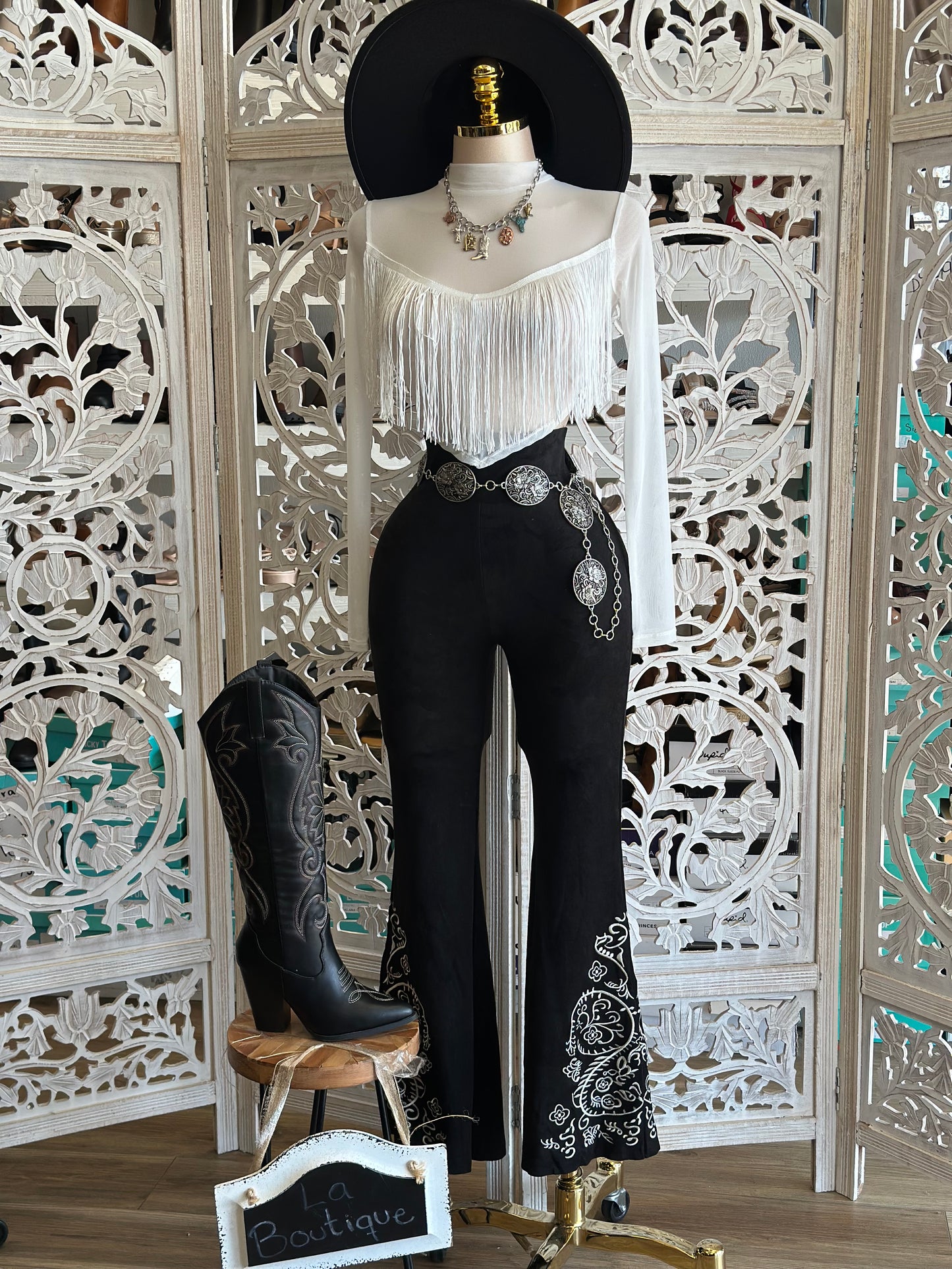 Black Suede Embroidered Flare Pants-Stretchy