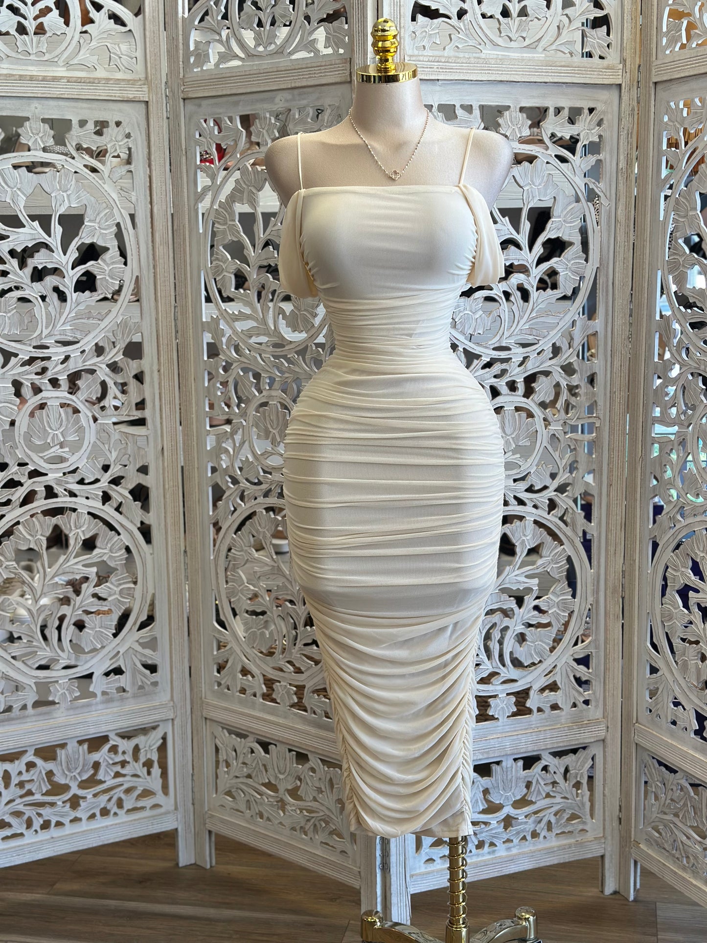 Ivory Ruched Midi Dress- Stretchy , Estira
