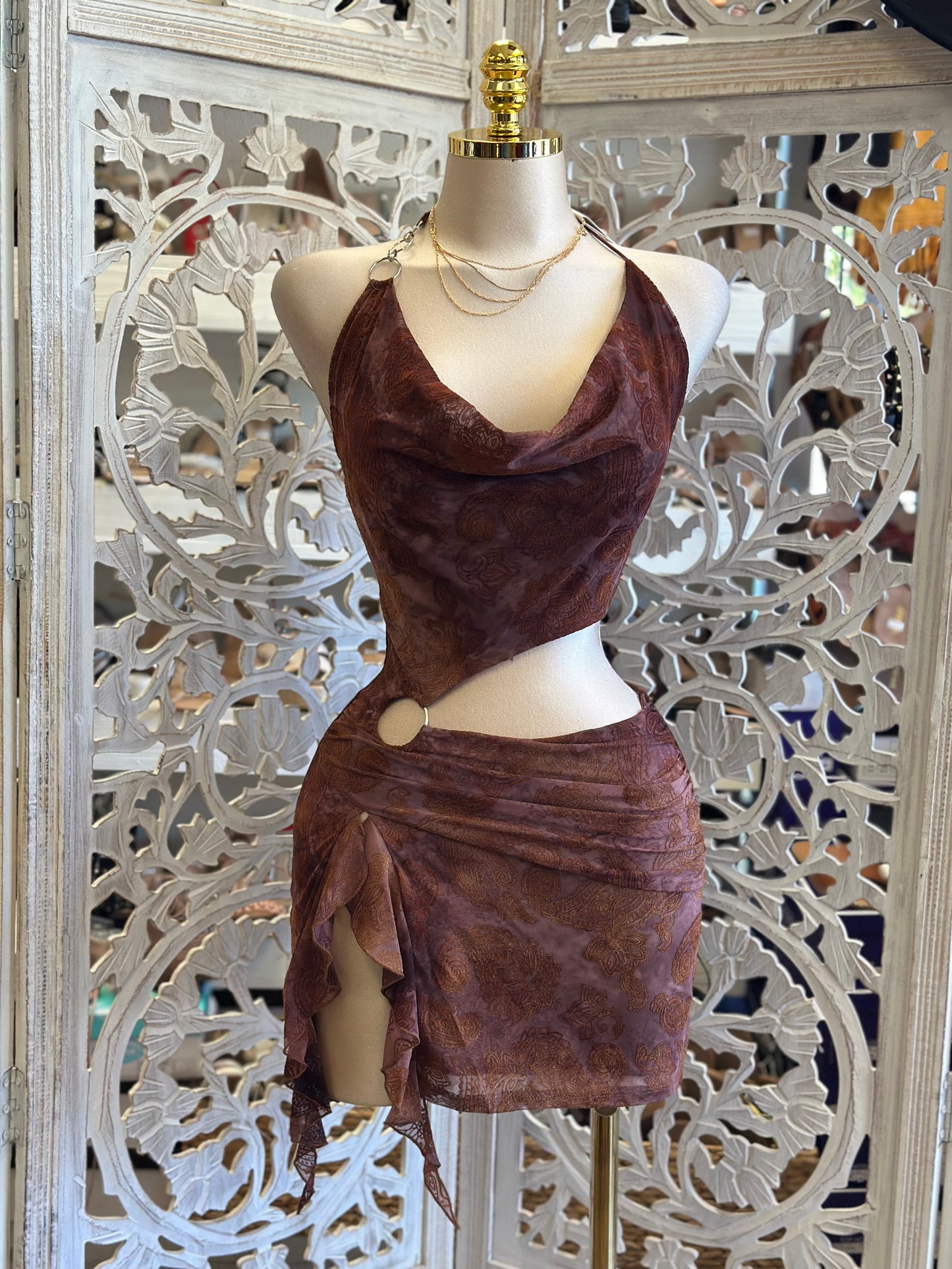 Brass Cutout Draped Mini Dress- Estira, Stretchy