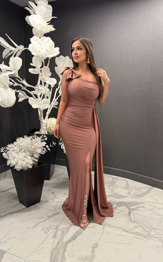 Bow One Sleeve Gown-Estira, Stretchy
