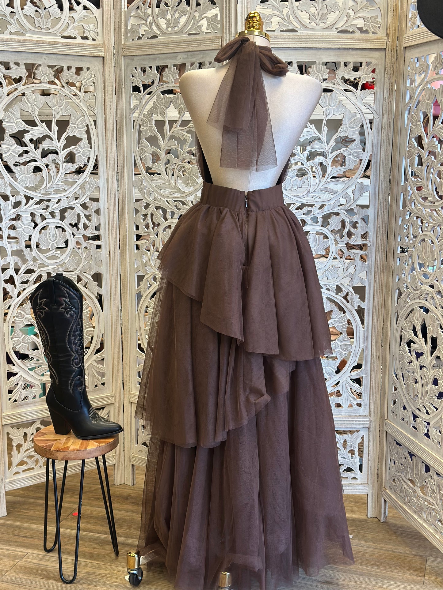 Earth BrownTulle High Neck Ruffle Dress- Not Stretchy, No Estira