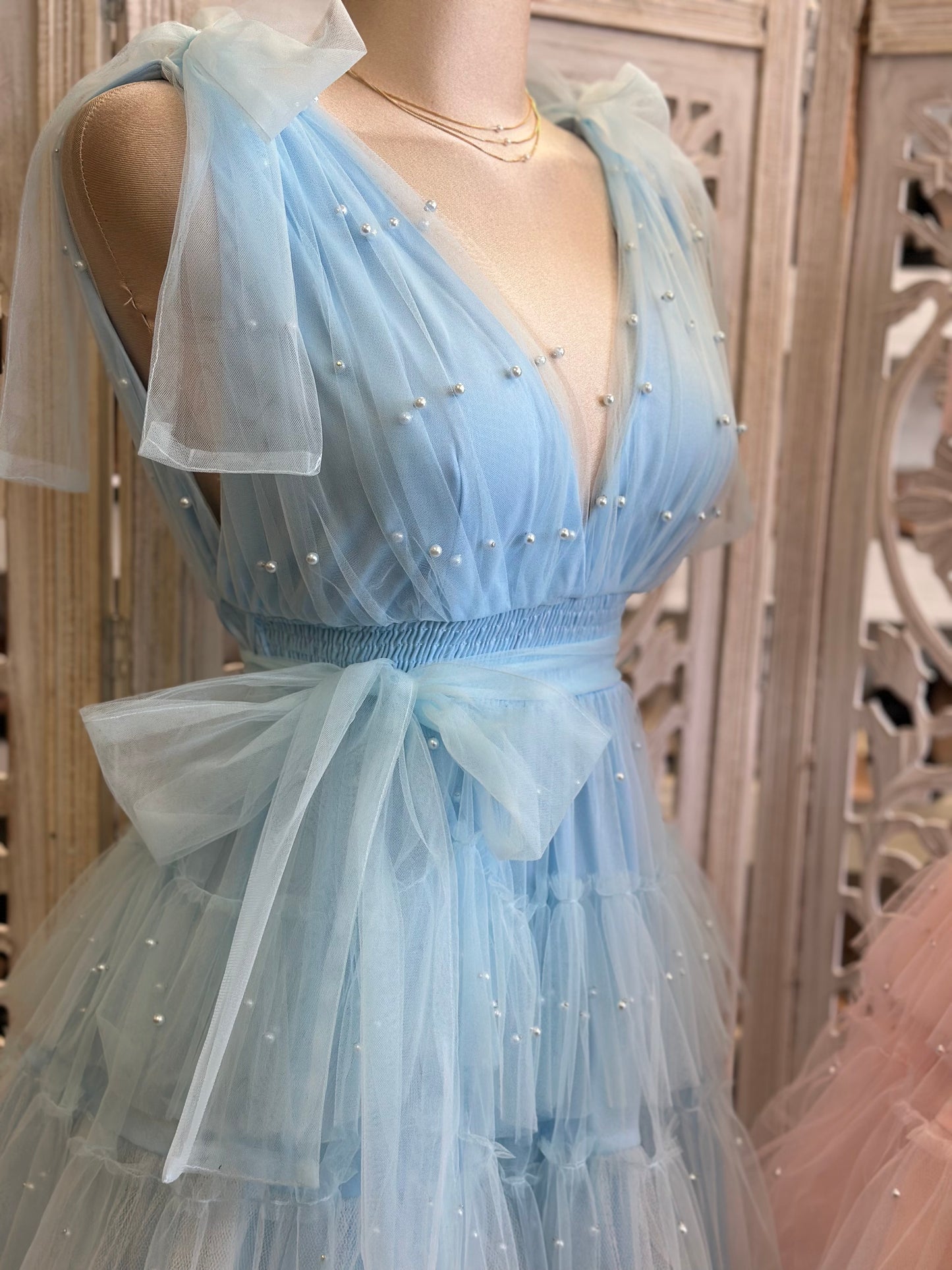 Pearl Embellished Tulle Mini Dress- Stretchy ,Estira