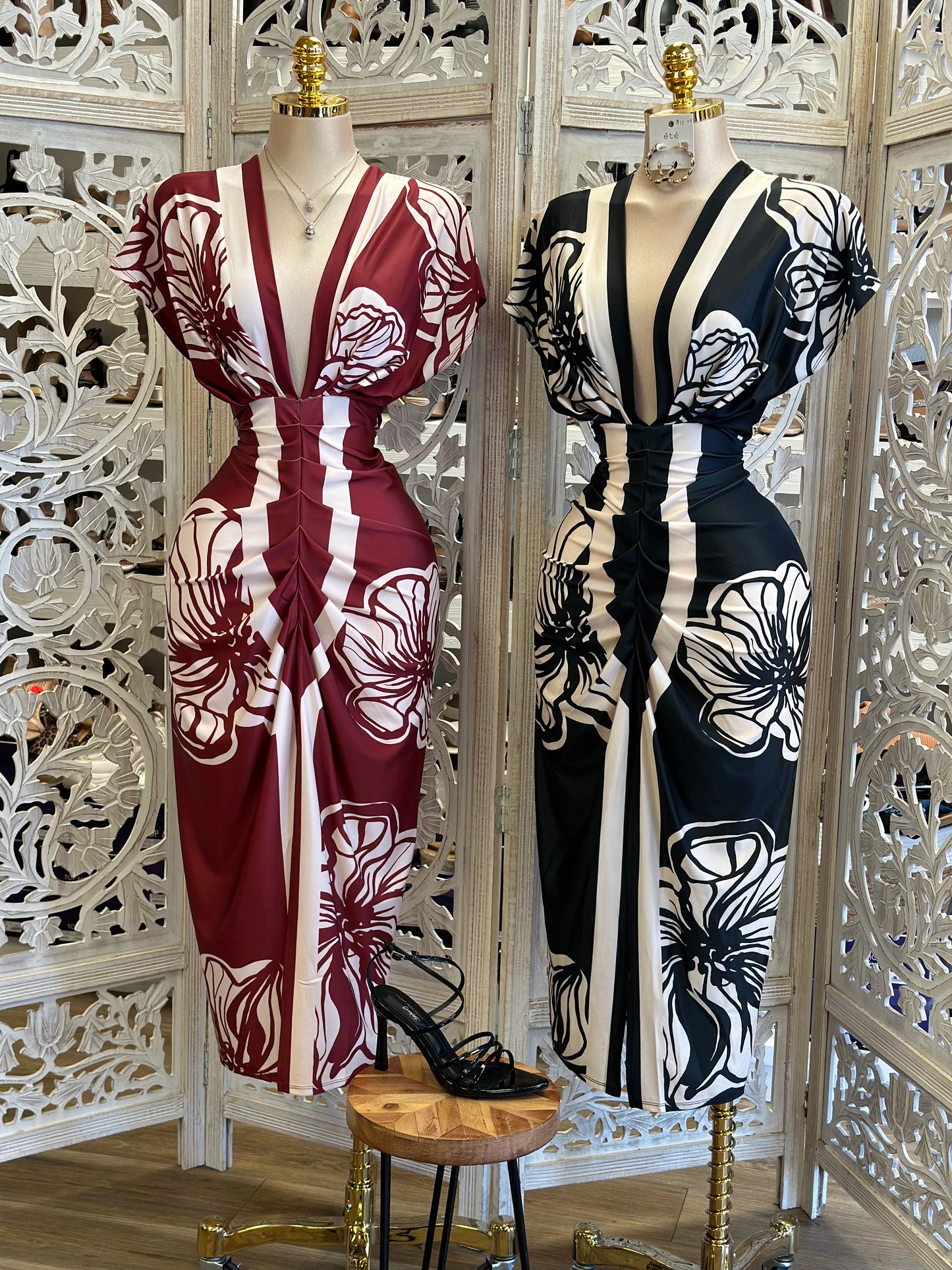 Deep V Patterned Ruched Dress - Estira, Stretchy