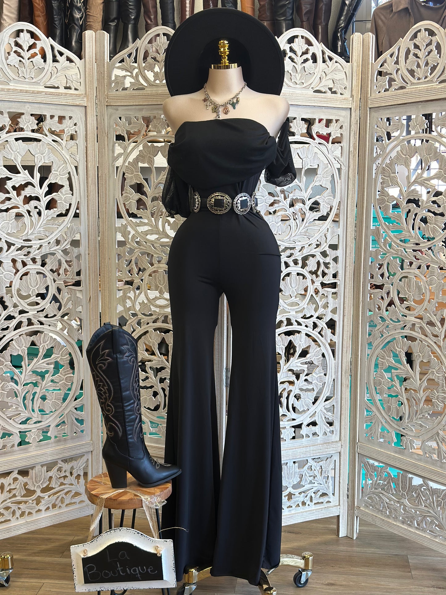 Black Mesh Off Shoulder Jumpsuit- Stretchy, Estira