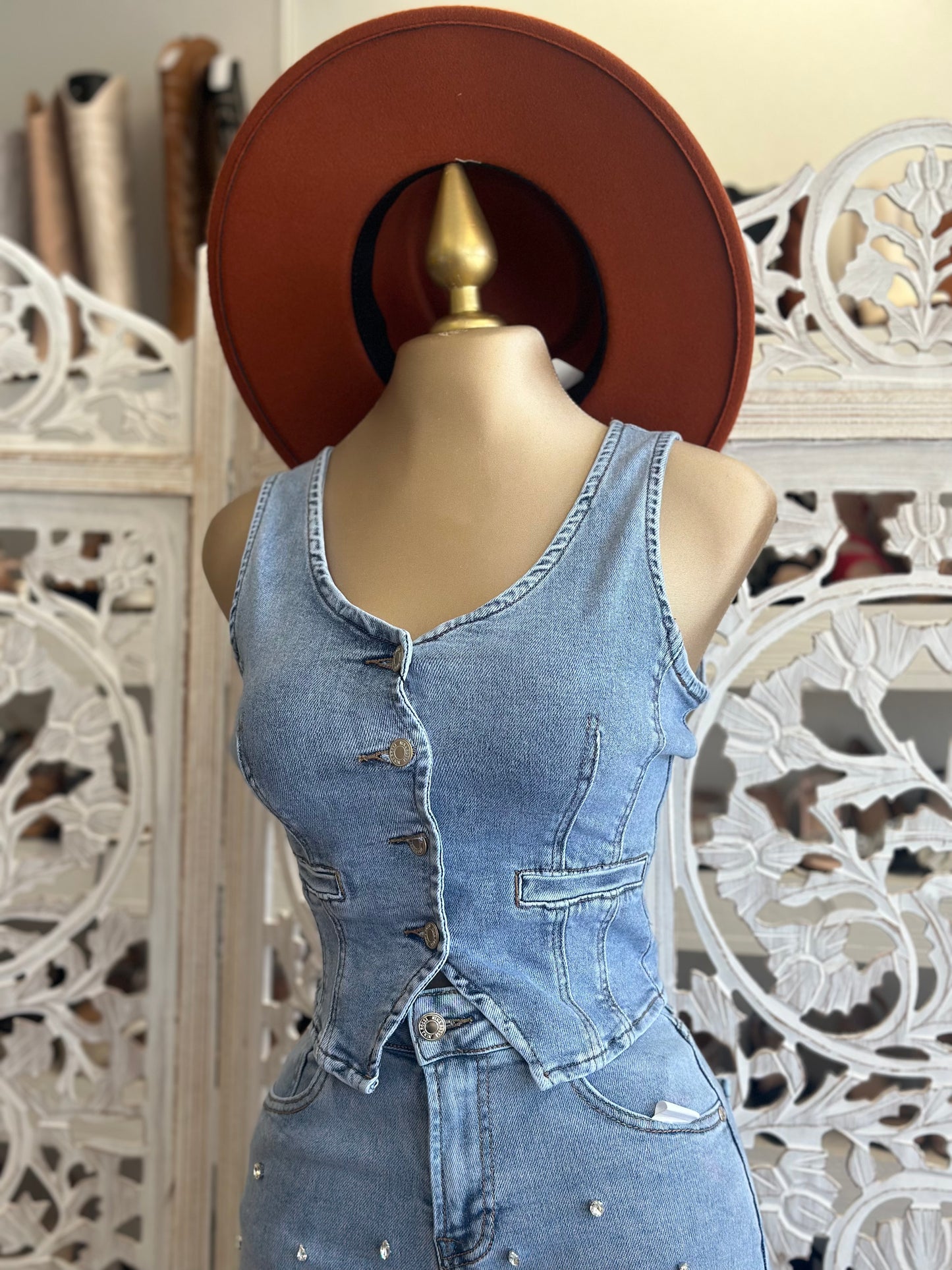 Denim Vest Button Top- Slightly Stretchy
