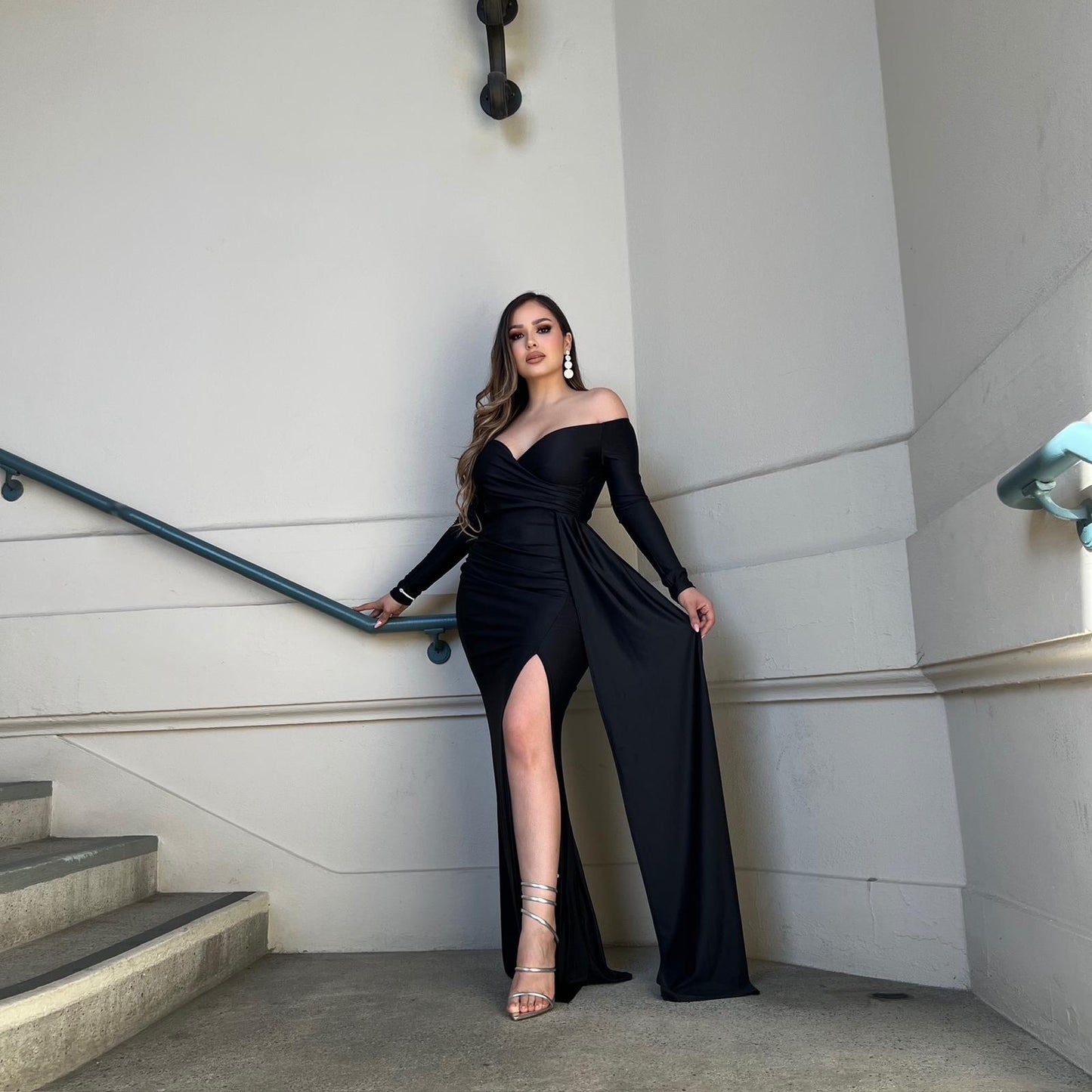 Black Formal High Slit Ruched Dress- Stretchy,Estira