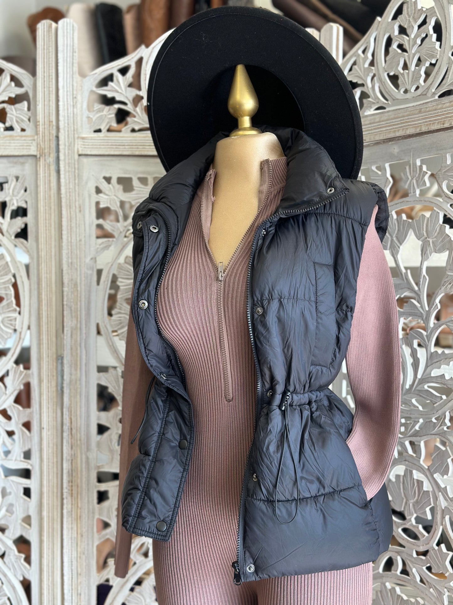 Black Puffer Vest Hip Length