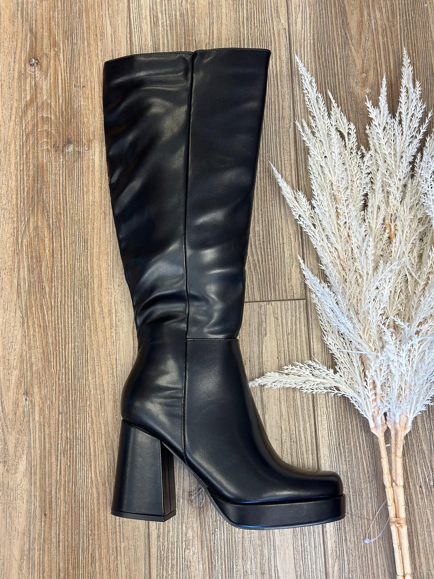 Black Faux Leather Mid Length Round Toe Boots