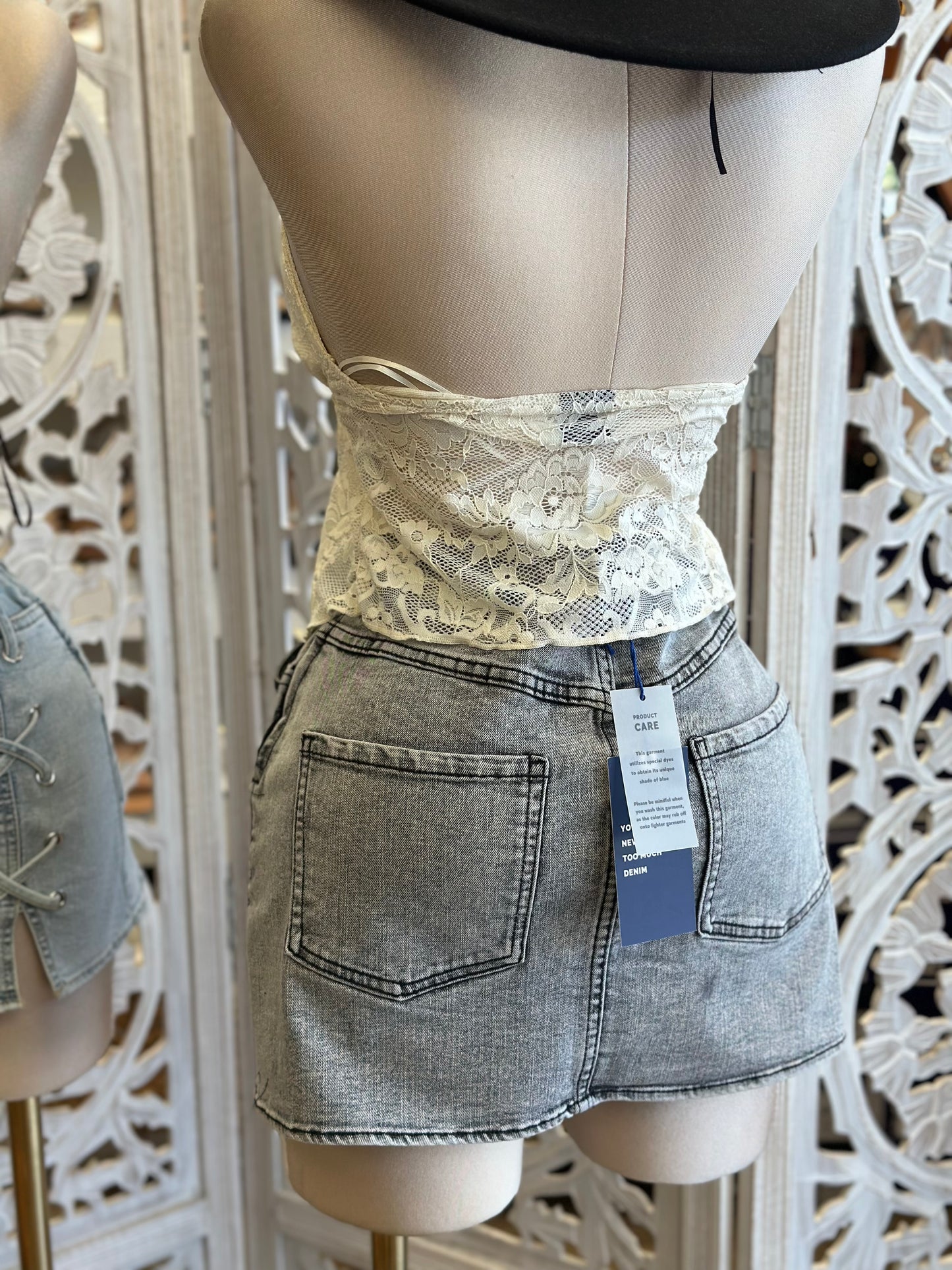 Denim Criss Cross Mini Skirt-  Slightly Stretchy , Estira Poco