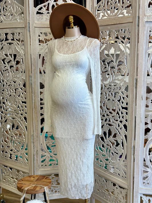 White Mock Neck Lace Maxi Dress- Stretchy,Estira