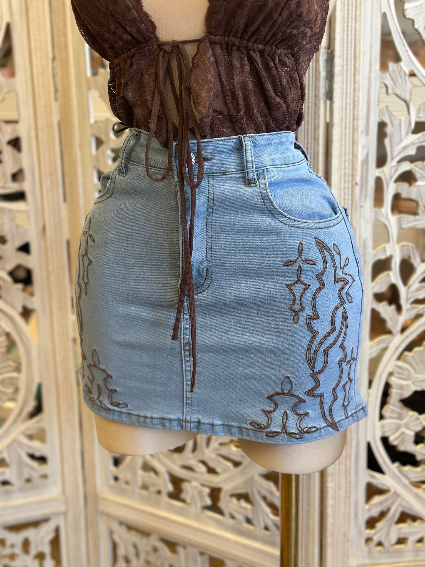 Denim Western Embroidered Mini Skirt- Stretchy , Estira