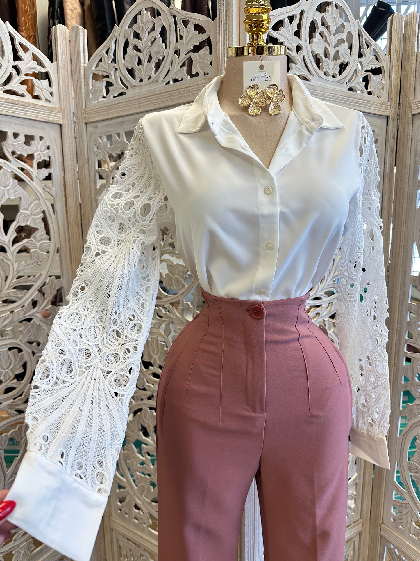 Lace Sleeve Button Blouse- Estira, Stretchy