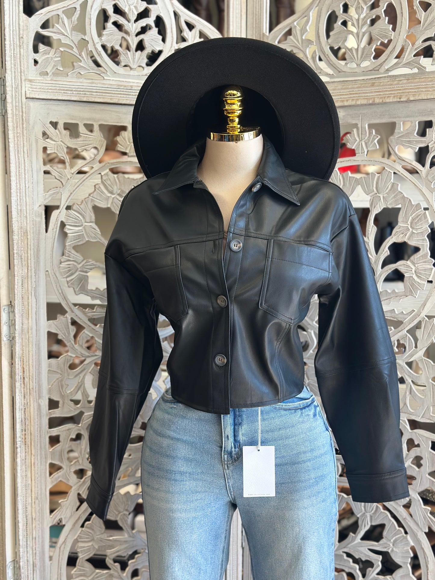 Black Faux Leather Button Up Jacket
