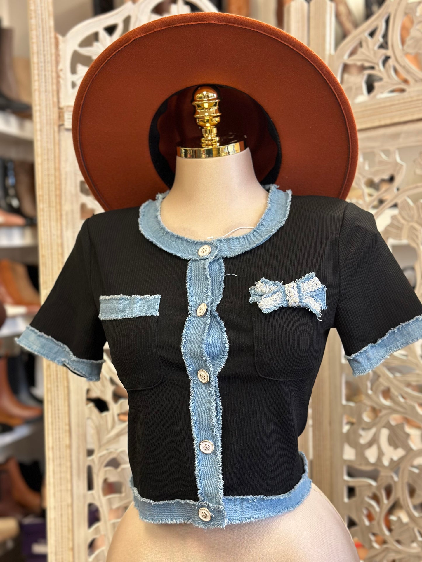 Ribbed Denim Lined Blouse- Stretchy, Estira