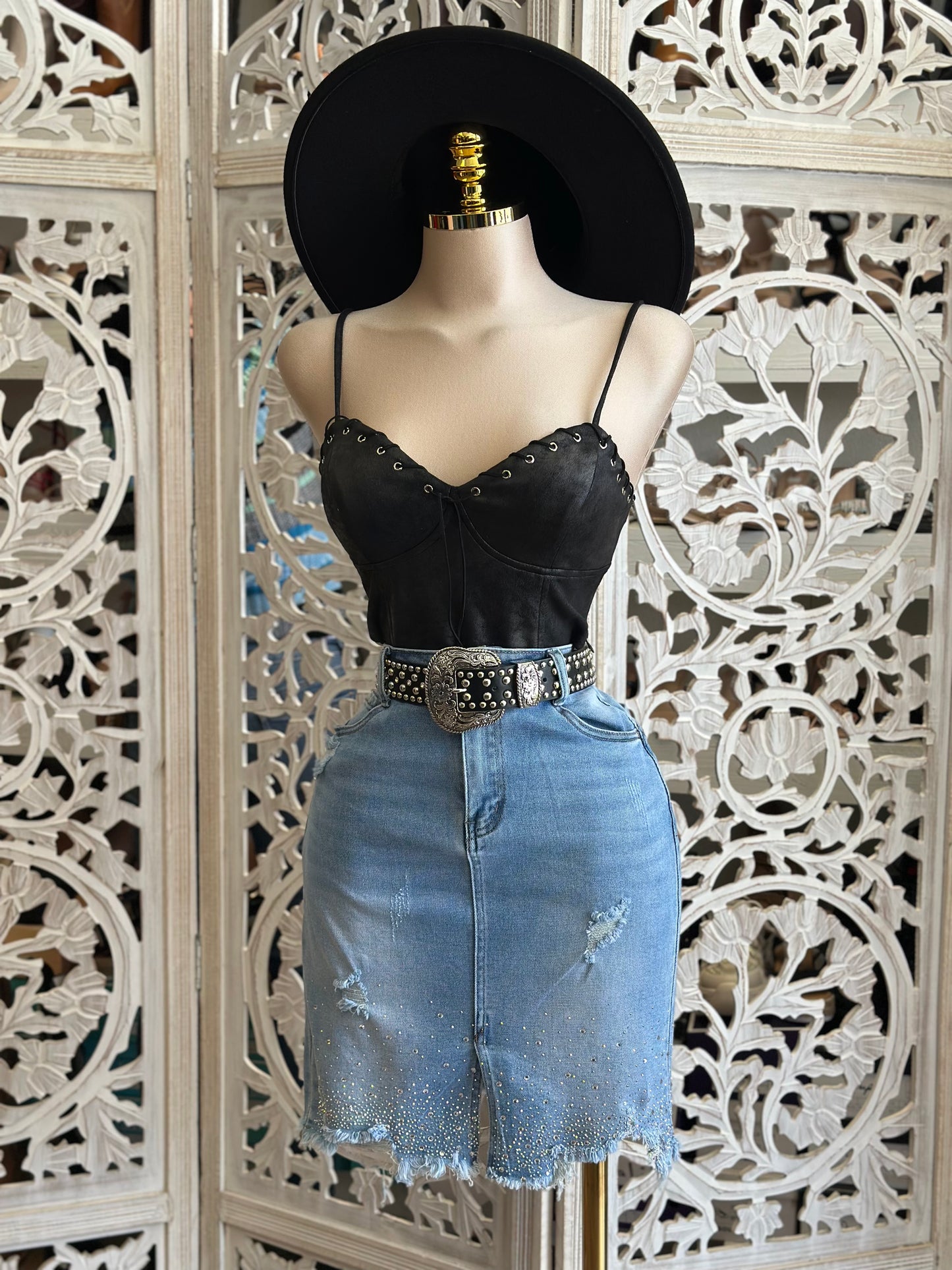Denim Rhinestone Gradient Skirt-Estira, Stretchy