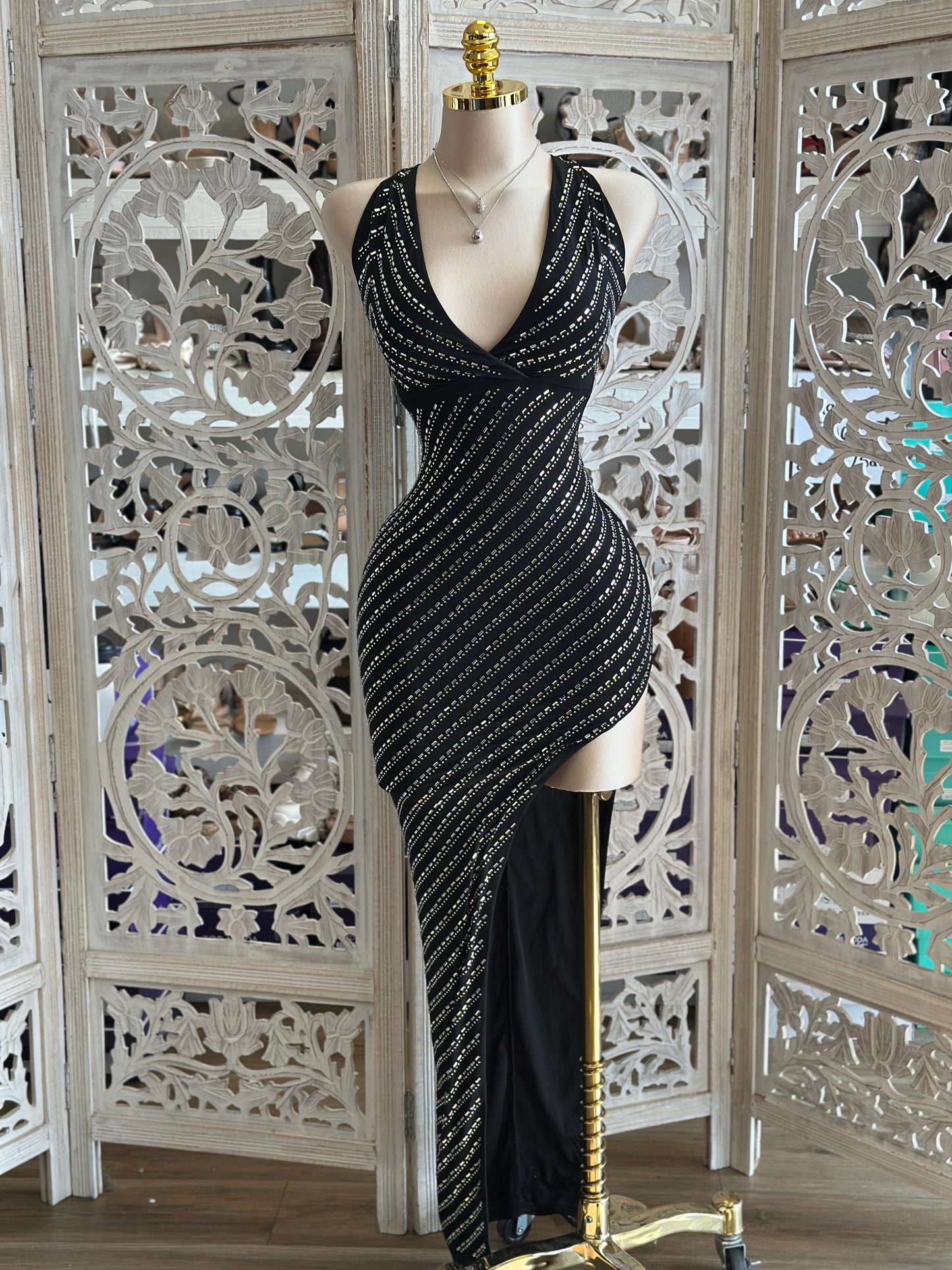 High Slit Deep V Rhinestone Dress- Stretchy,Estira