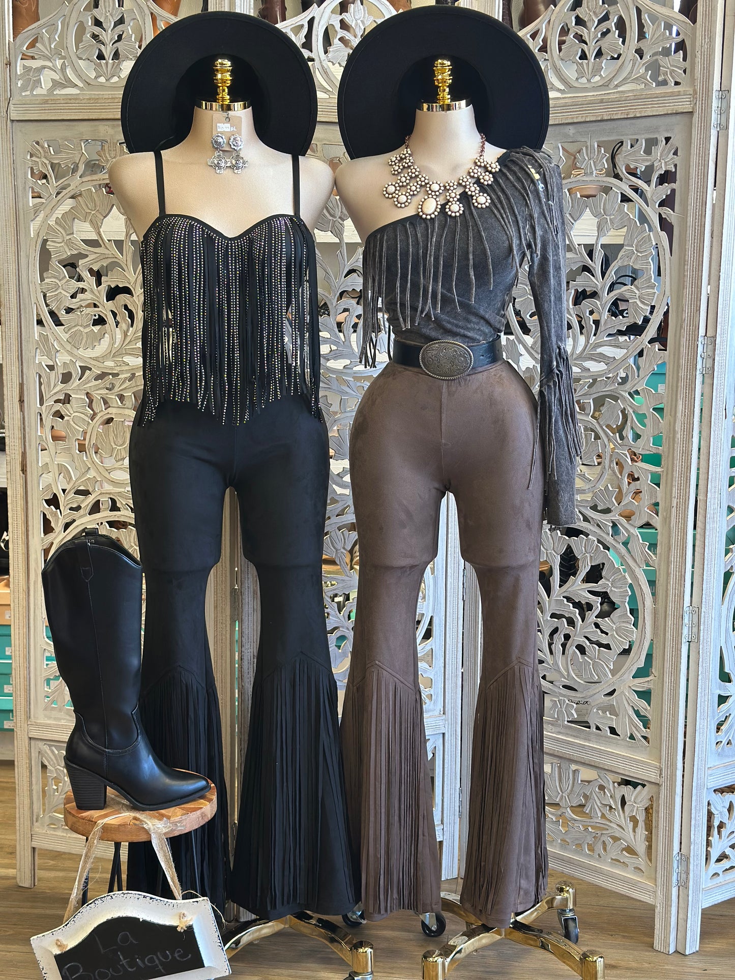 Suede Fringe Bell Bottom Western Pants - Estira, Stretchy