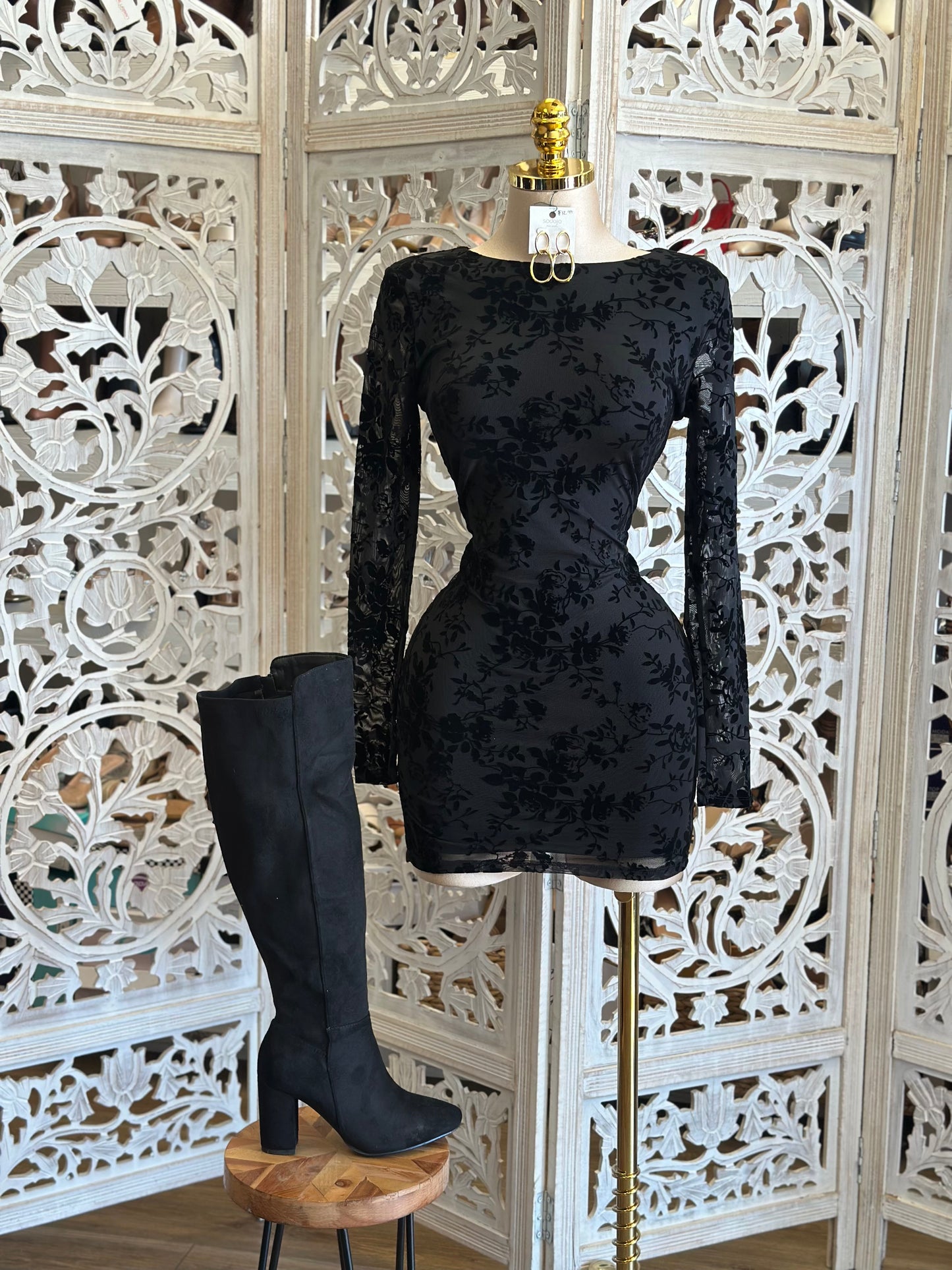 Velvet Floral Cutout Black Mini Dress- Stretchy,Estira