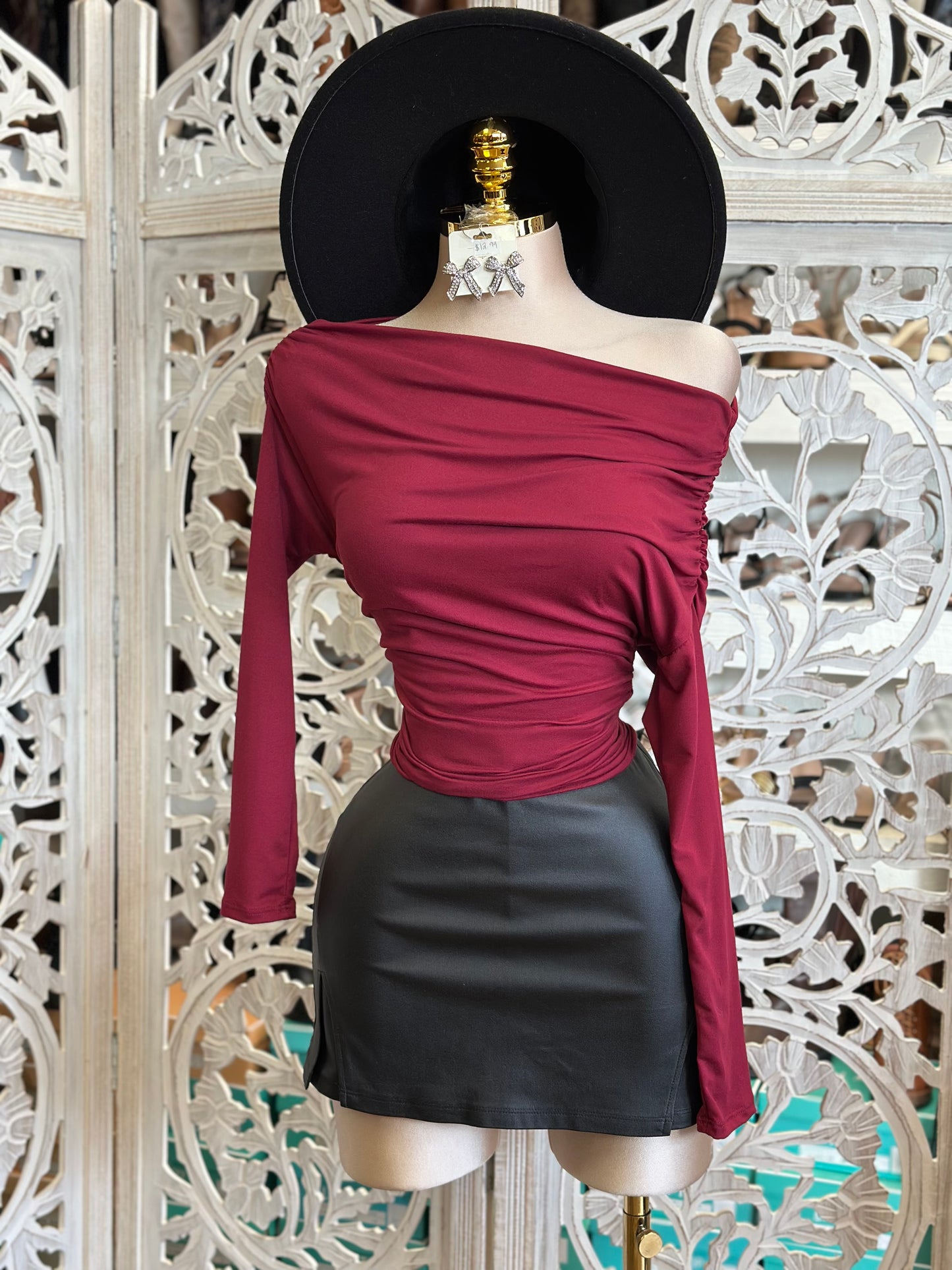 Burgundy Draped Shoulder Long Sleeve Blouse- Estira, Stretchy