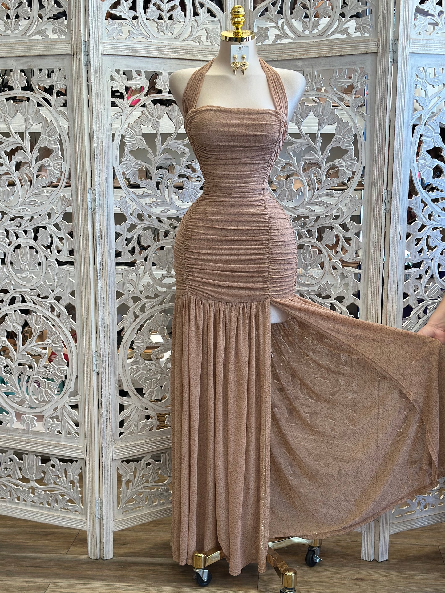Ruched Tie Back Maxi Dress - Estira, Stretchy