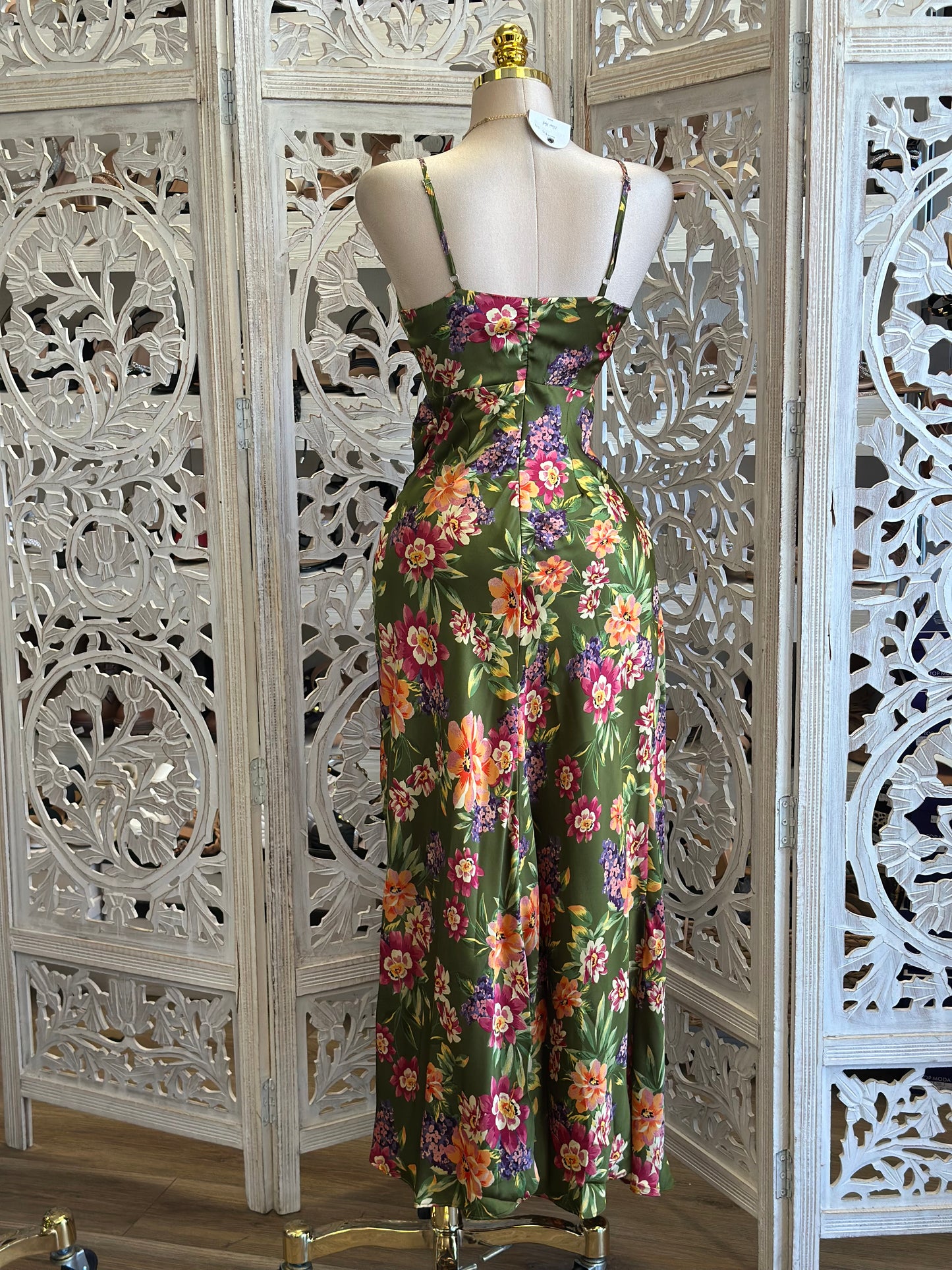 Olive Floral Maxi Dress - No Estira, Not Stretchy