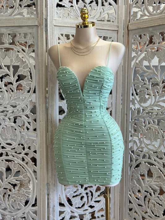 Green Heartline Pearl Embellished Ruched Mini Dress- Stretchy,Estira