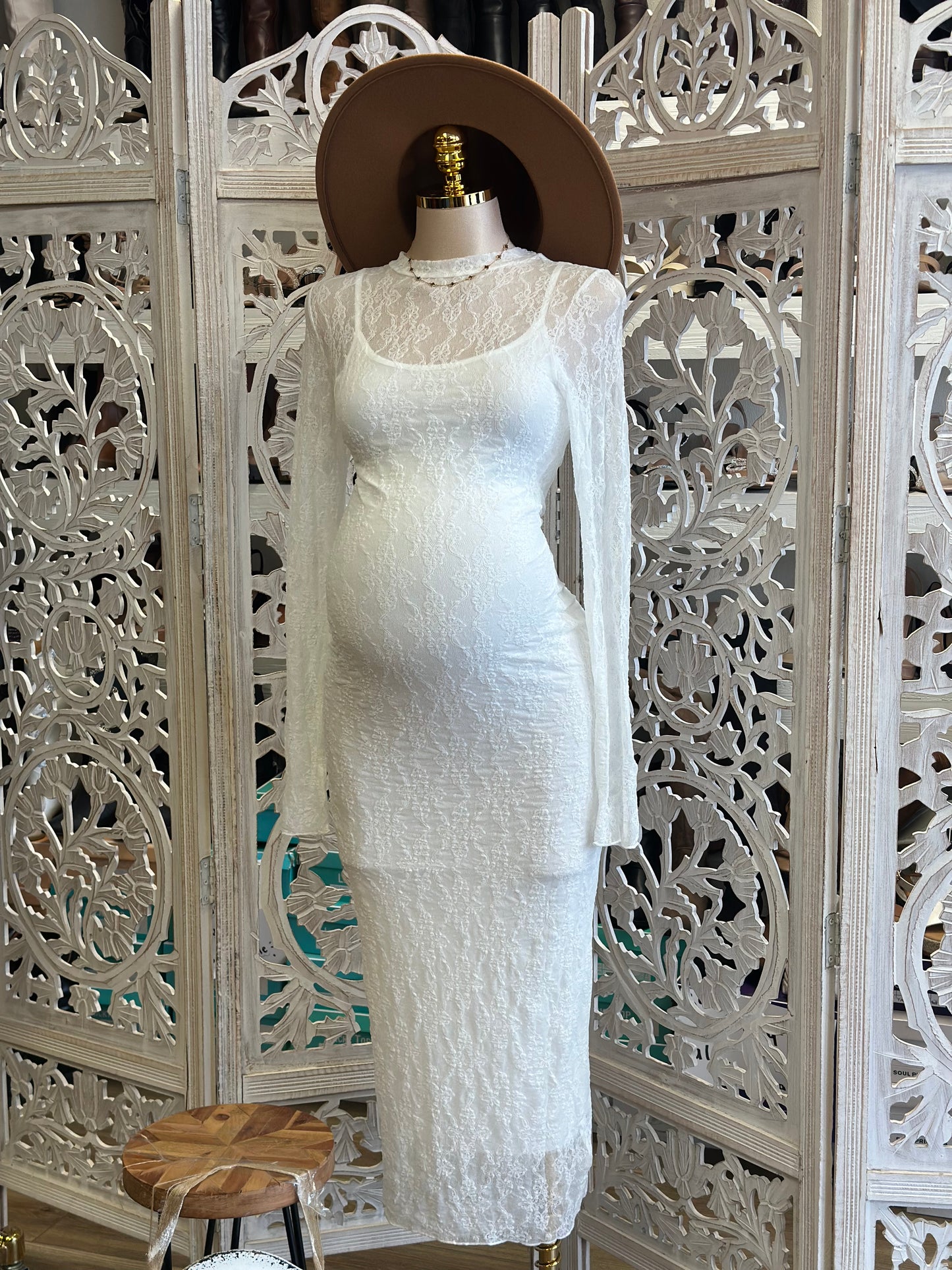 White Mock Neck Lace Maxi Dress- Stretchy,Estira