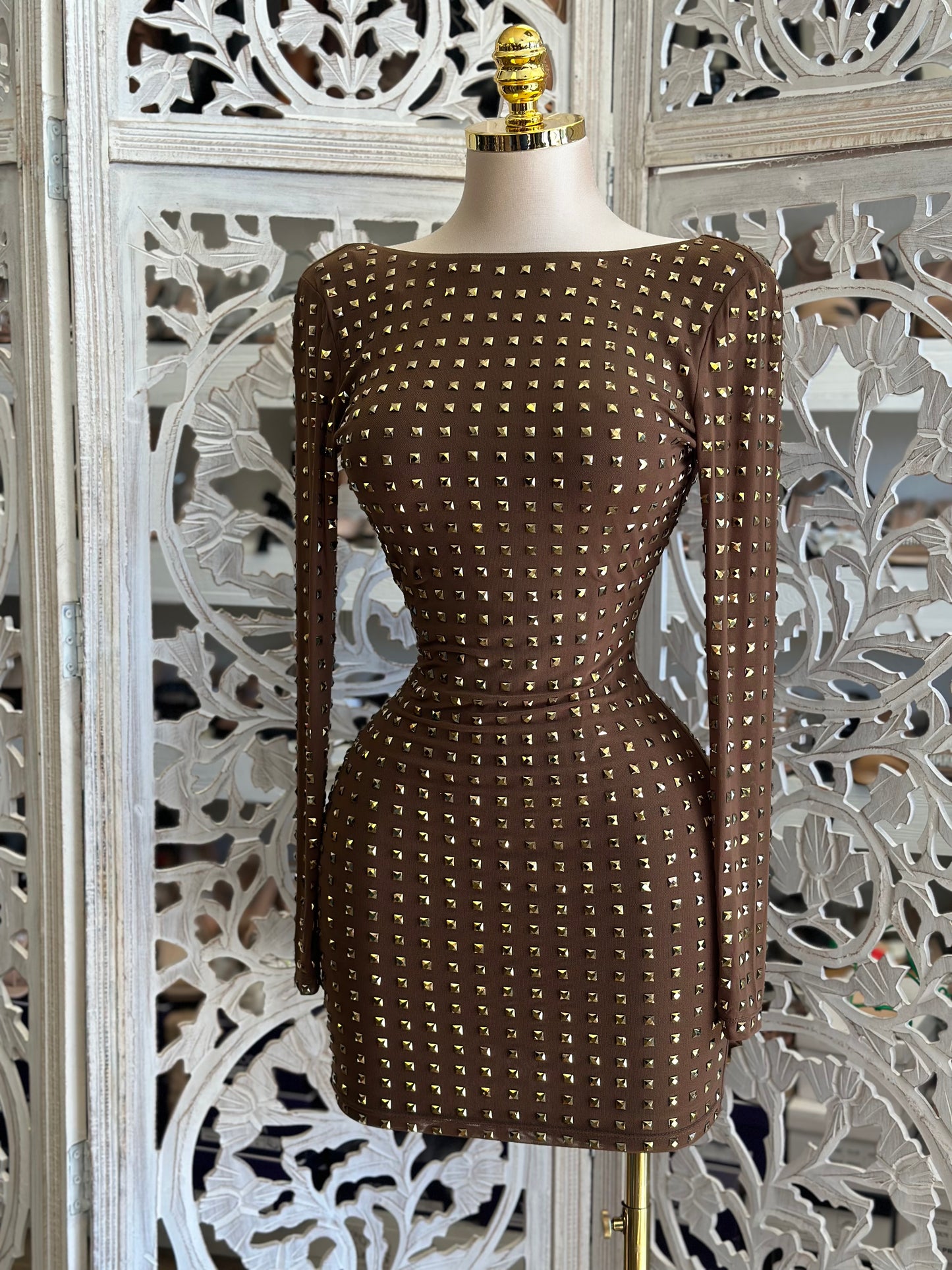 Gold Rhinestone Scoop Back Mini Dress- Stretchy, Estira