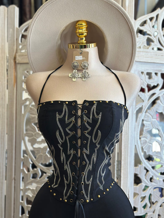 Black Tie Up Embroidered Western Corset- Estira, Stretchy