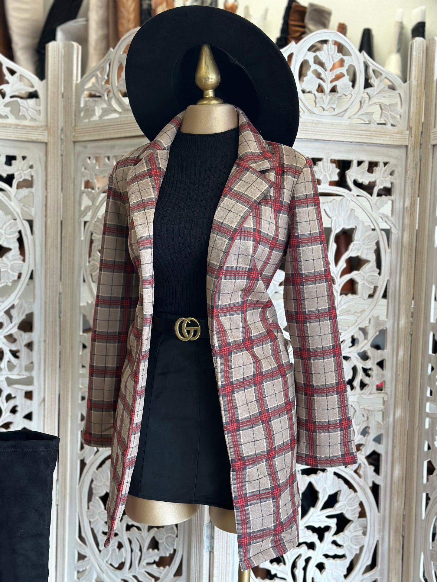 Long Plaid Blazer Coat