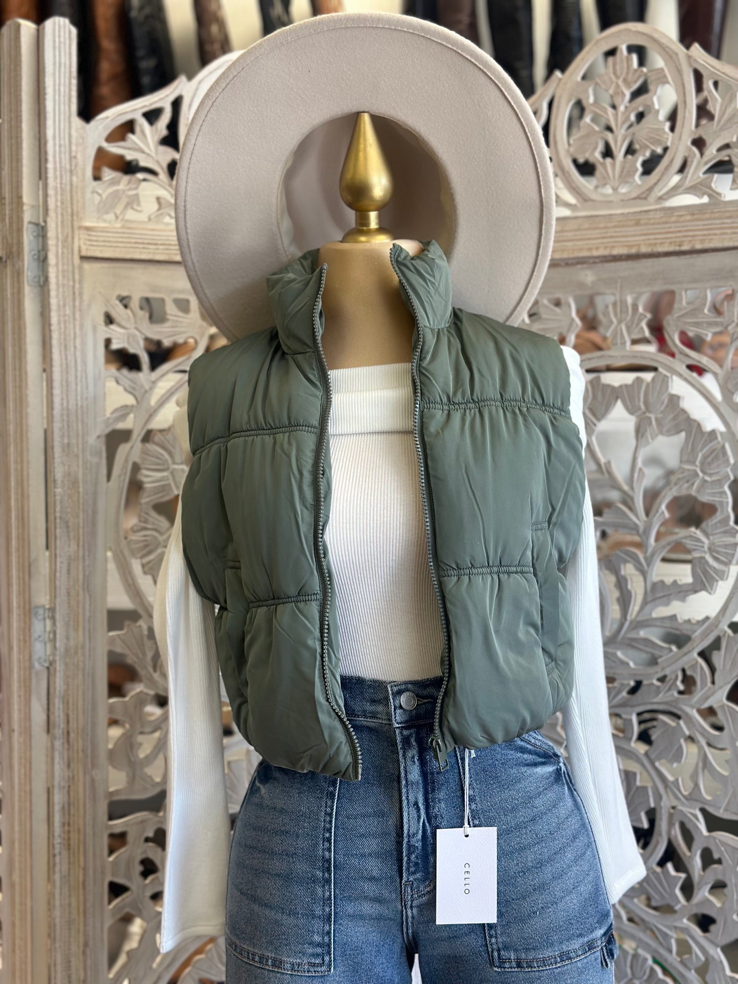 Seafoam Cropped Puffer Vest- Stretchy