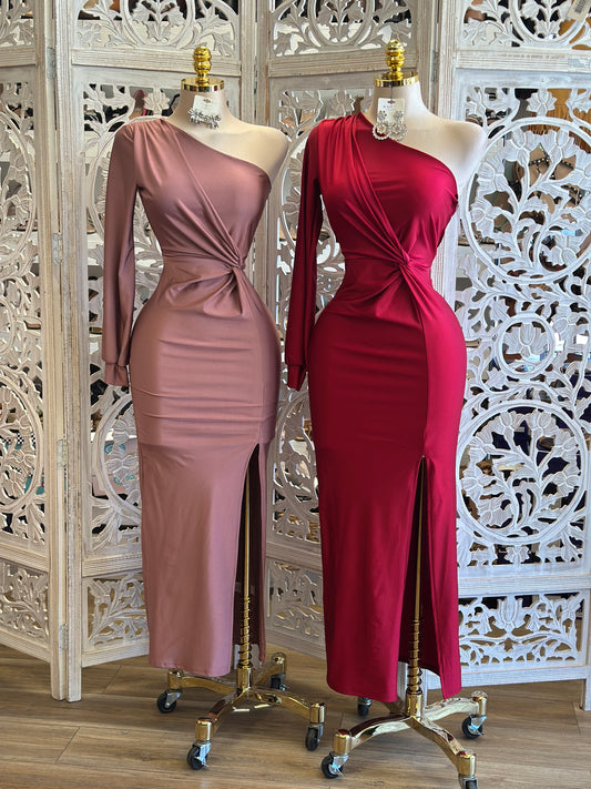One Sleeve Knotted Gown-Estira, Stretchy
