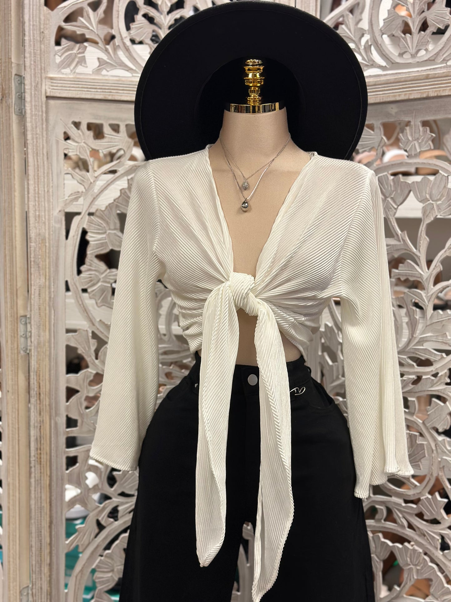 Ivory Pleated Knot Blouse- Estira, Stretchy