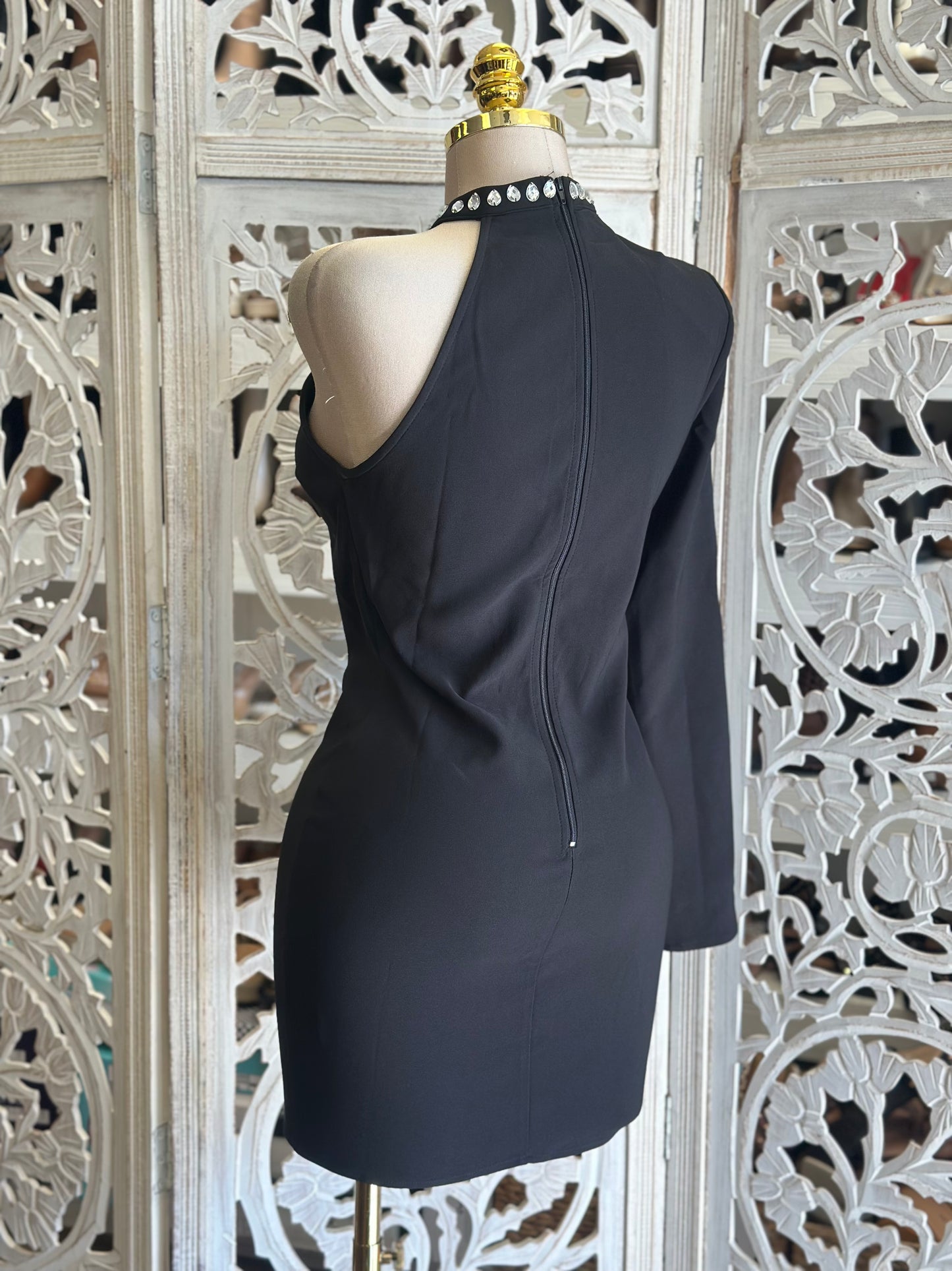 Embellished Black Cutout Mini Dress- Slightly Stretchy,Estira Poco