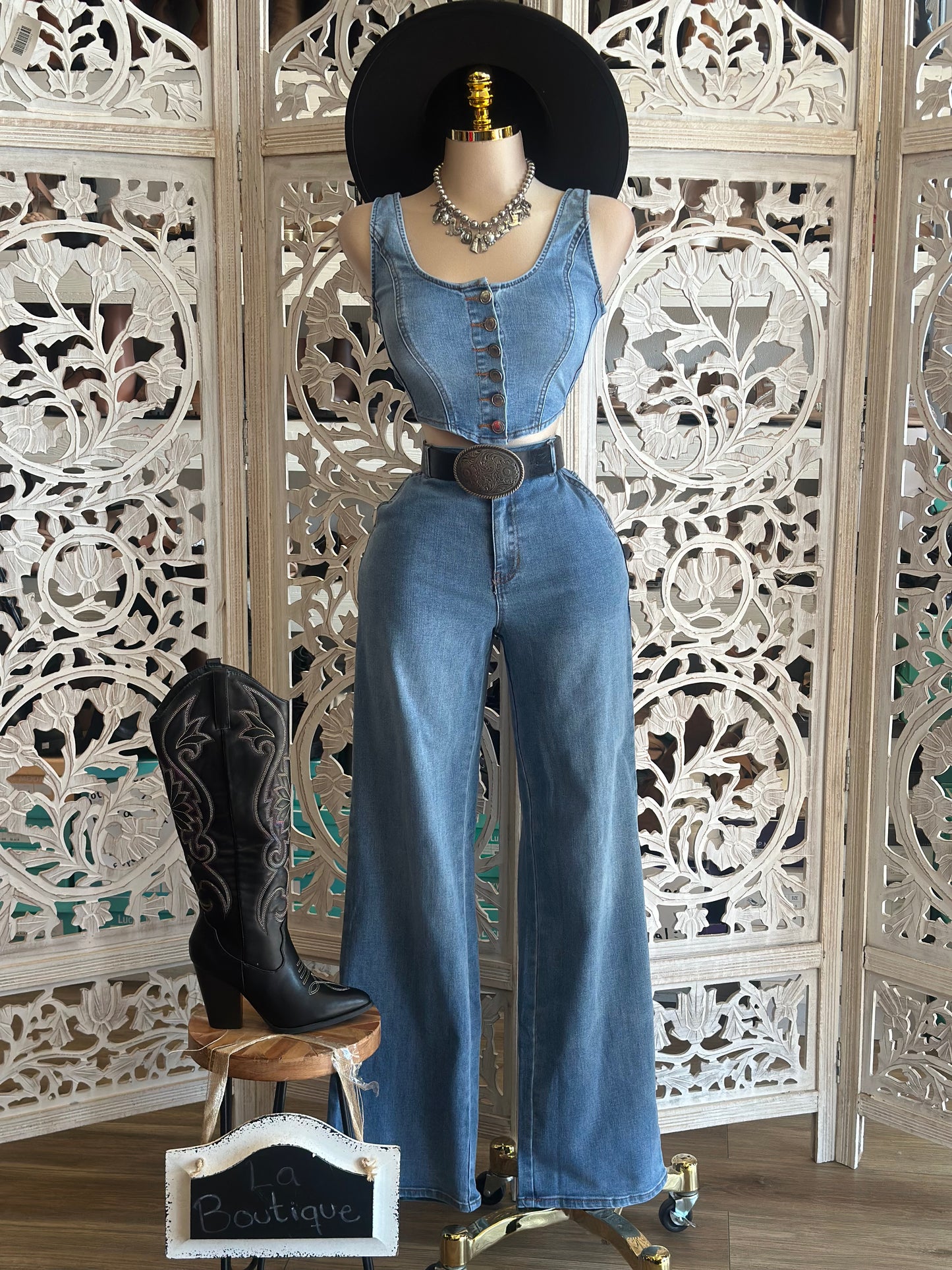 Denim Vest and Bell Bottom Set - Stretchy, Estira
